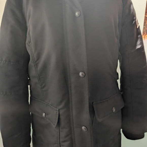 Beaver Canoe Roots Long Coat Women's L Hooded Quilted Lining Pockets Black - Picture 2 of 14